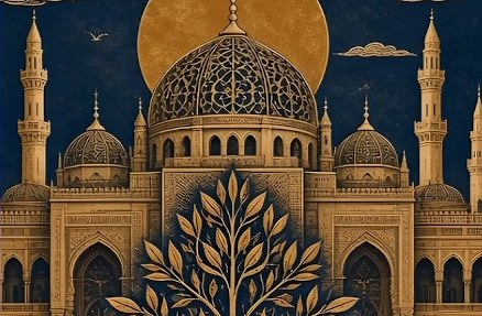 Gravure bleu nuit et or d'une mosquée et d'un olivier